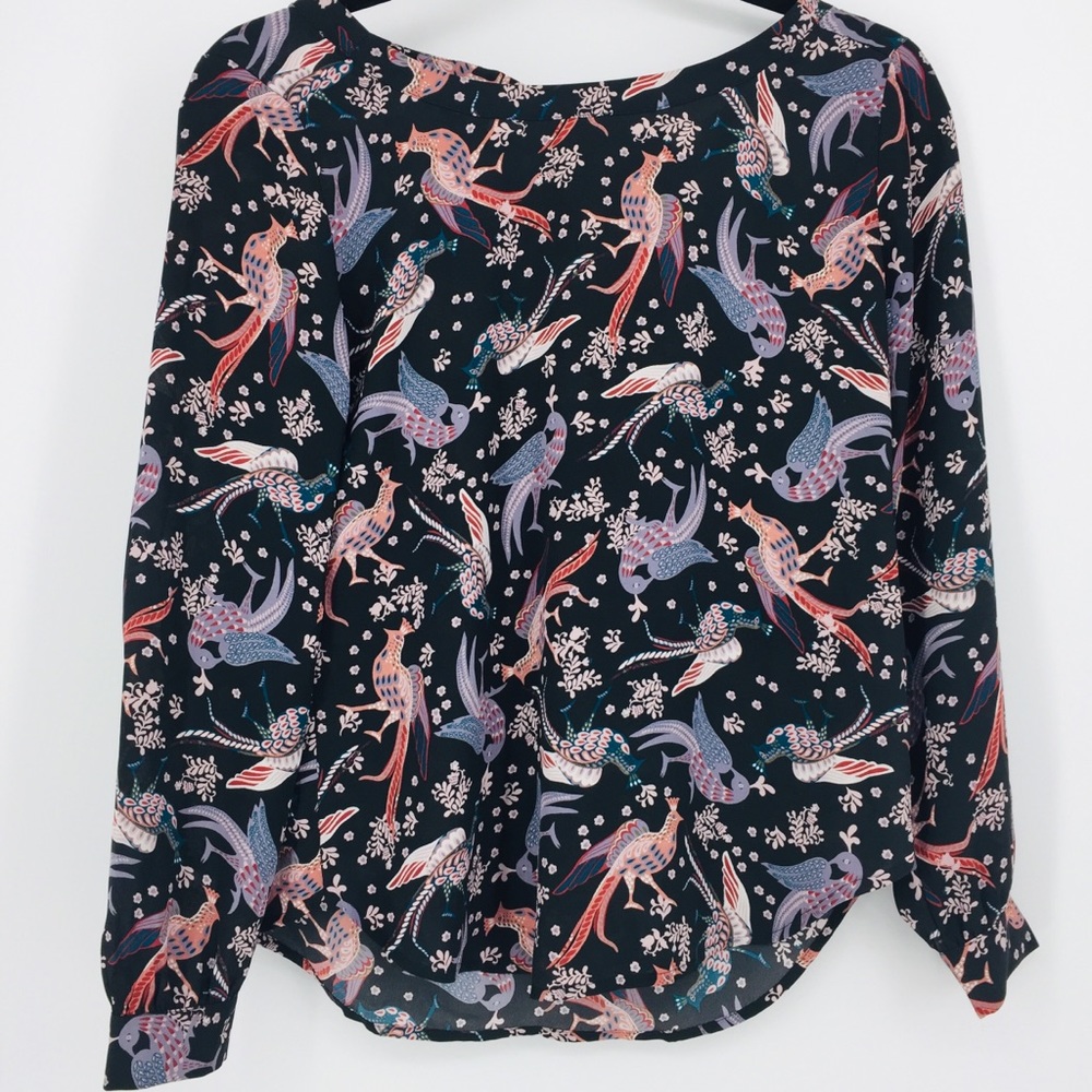 Loft Peacock Print Key Hole Back Blouse Size XXSP